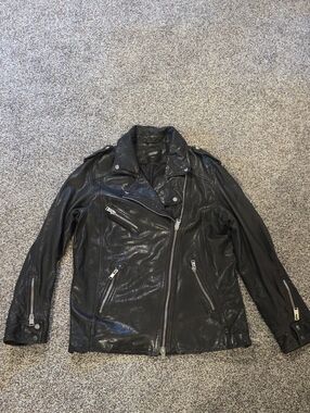 Lamarque Black Leather Moto Jacket with Zip Details. Oversized Fit.